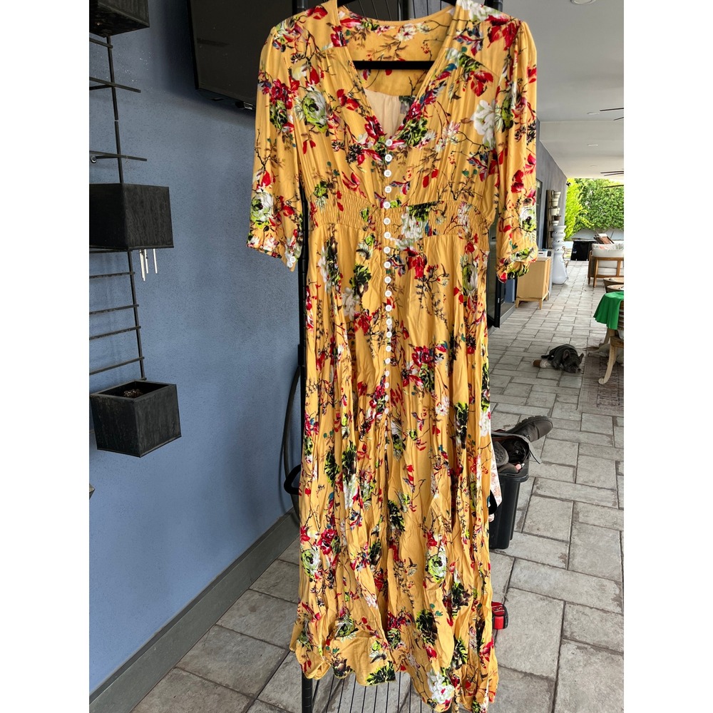 Feminine Yellow Floral Maxi Dress Button Front Smocked Boho Summer Festival M